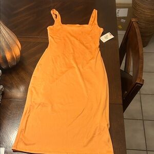 Sincerely Jules Orange Square-Neck Midi Bodycon Dress